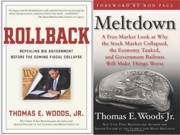 A thumb nail view in Grand Lake, Colorado during Constitution Week in September looking at the book jacket covers Rollback and Meltdown both written by Dr. Thomas E. Woods, Jr.; click here to open a window with a larger picture.